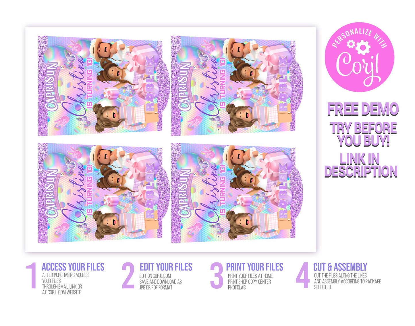 ROBLOX GIRL HOLOGRAPHIC CAPRI SUN EDITABLE LABELS