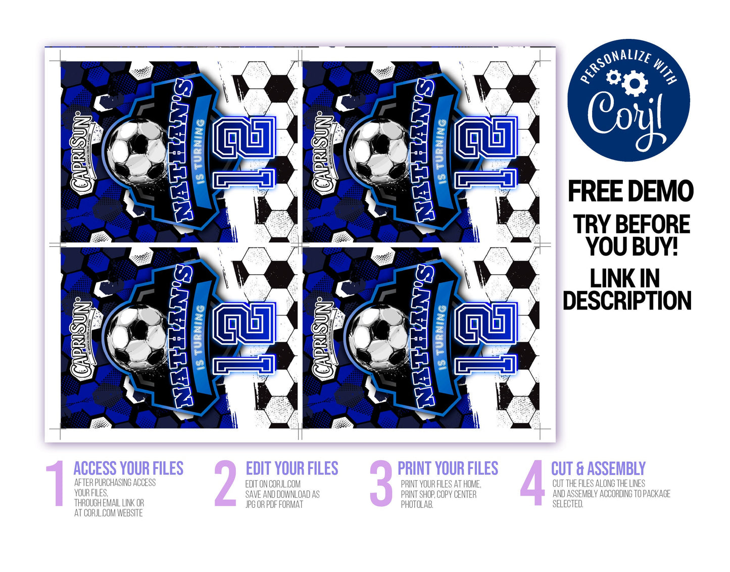 FOOTBALL SOCCER EDITABLE CAPRI SUN JUICE POUCH LABELS