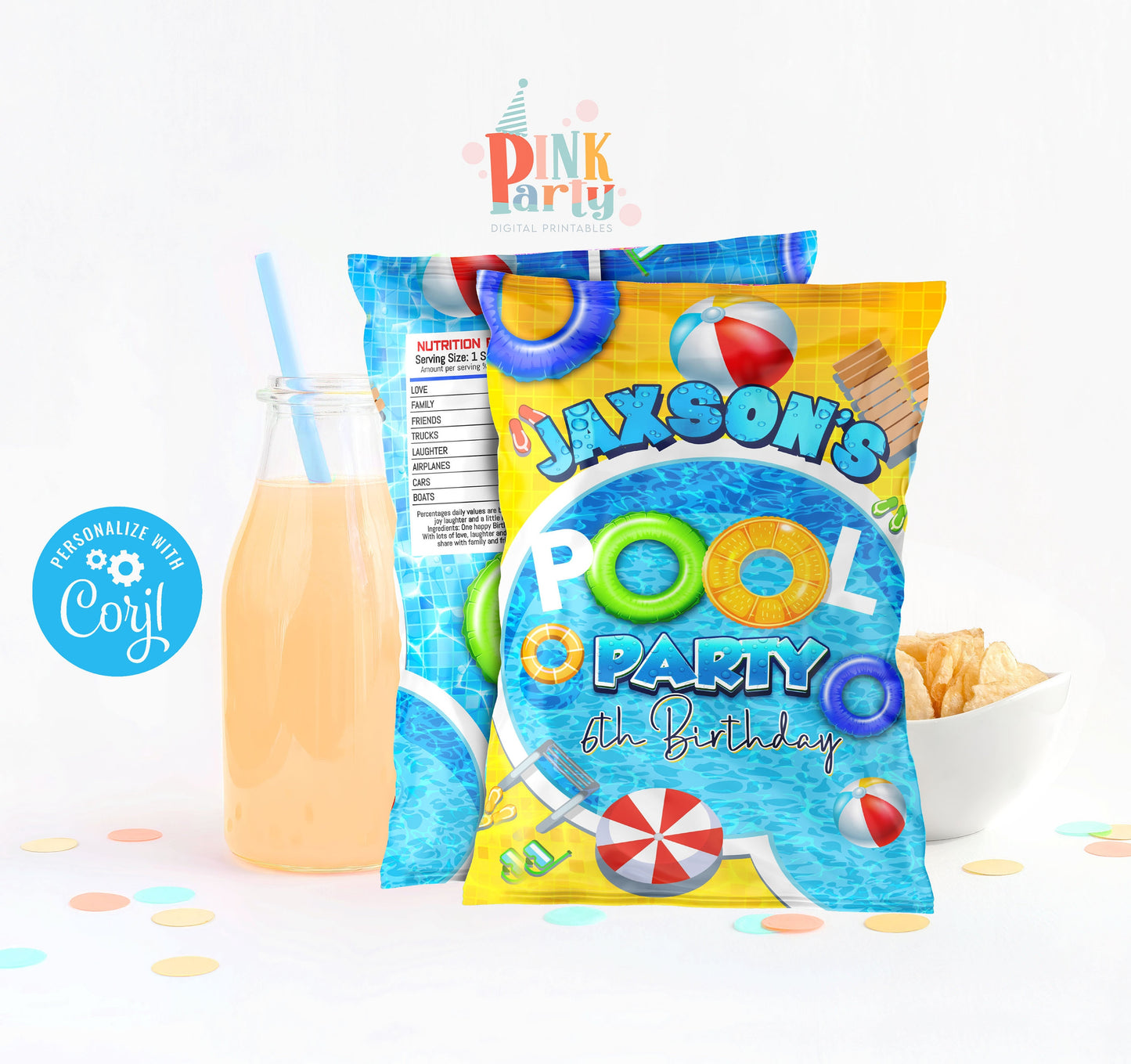 Kids Birthday Party Bundle Kit, Template Printable, kids Birthday chip bag, kids Editable labels, printable wrapper, editable favors