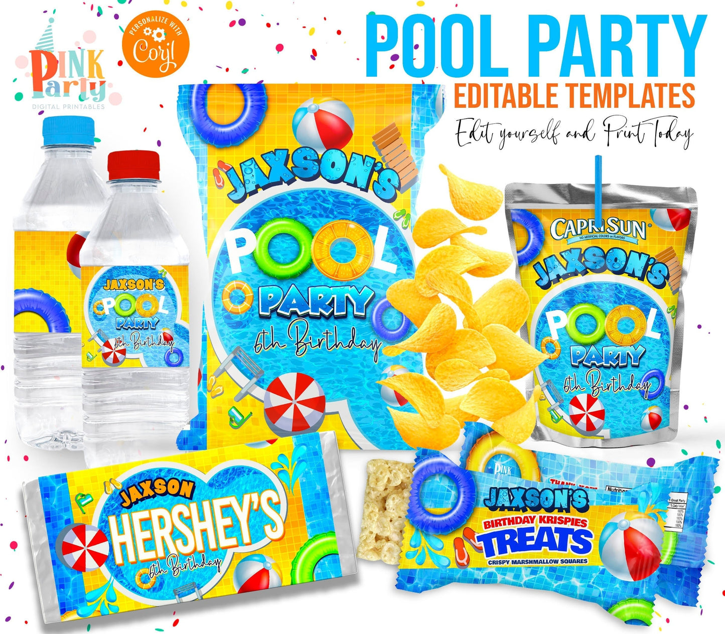 Kids Birthday Party Bundle Kit, Template Printable, kids Birthday chip bag, kids Editable labels, printable wrapper, editable favors