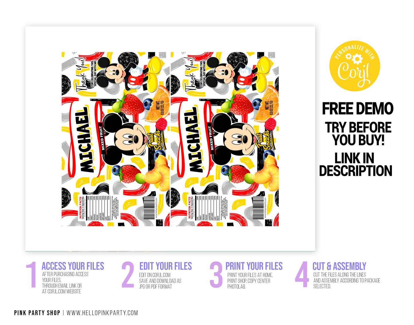 Mickey Mouse Birthday fruit Snacks bag Template Printable, kids Birthday snack bag, kids Editable candy bag, fruit snack bag template, favor labels