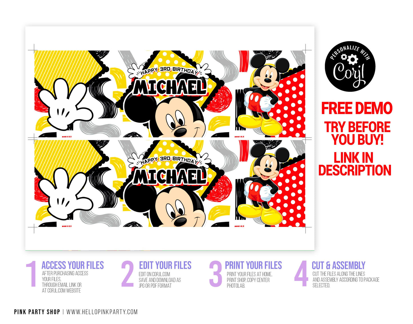 Mickey Mouse Birthday Potatoes wrapper, Template Printable, kids Birthday favor labels, kids Editable can wrapper, Editable template chips can label