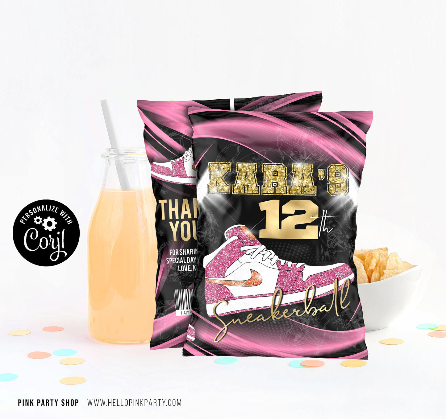 Sneakers Birthday Party Bundle Kit, Template Printable, Sneaker Ball Birthday chip bag, Corjl Editable labels Kids party Kit Bundle editable