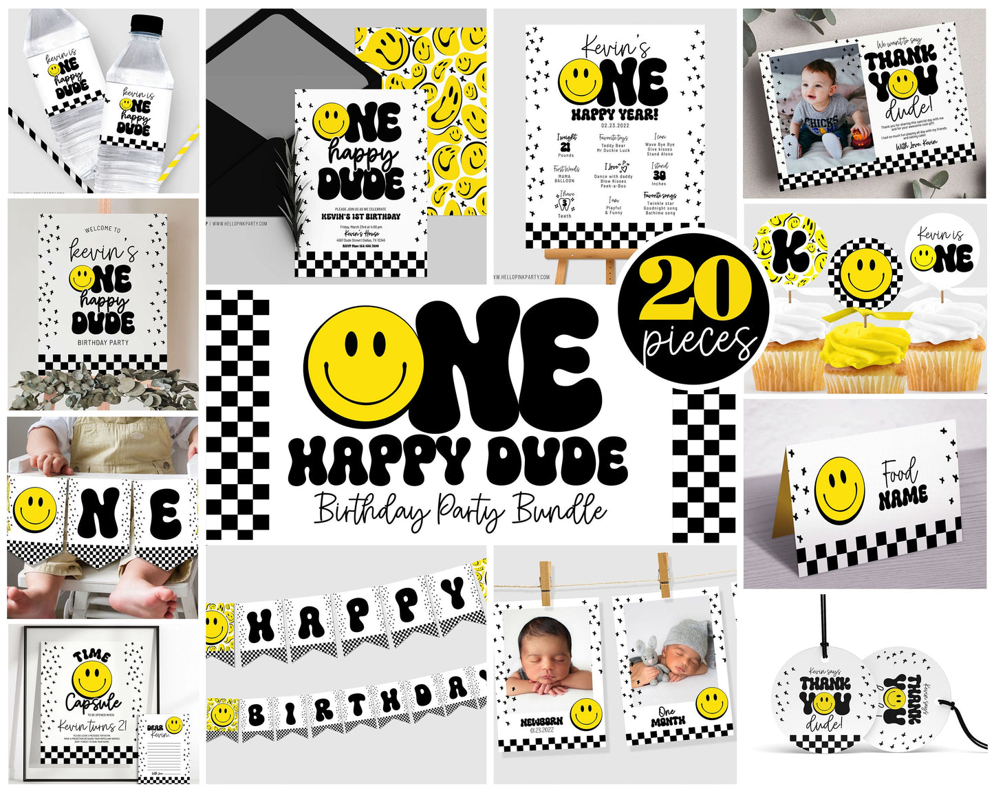 Editable ONE HAPPY DUDE Birthday Birthday Bundle, Smiley Face Birthday Party Package, Smile Face 1st Printable decorations Editable template