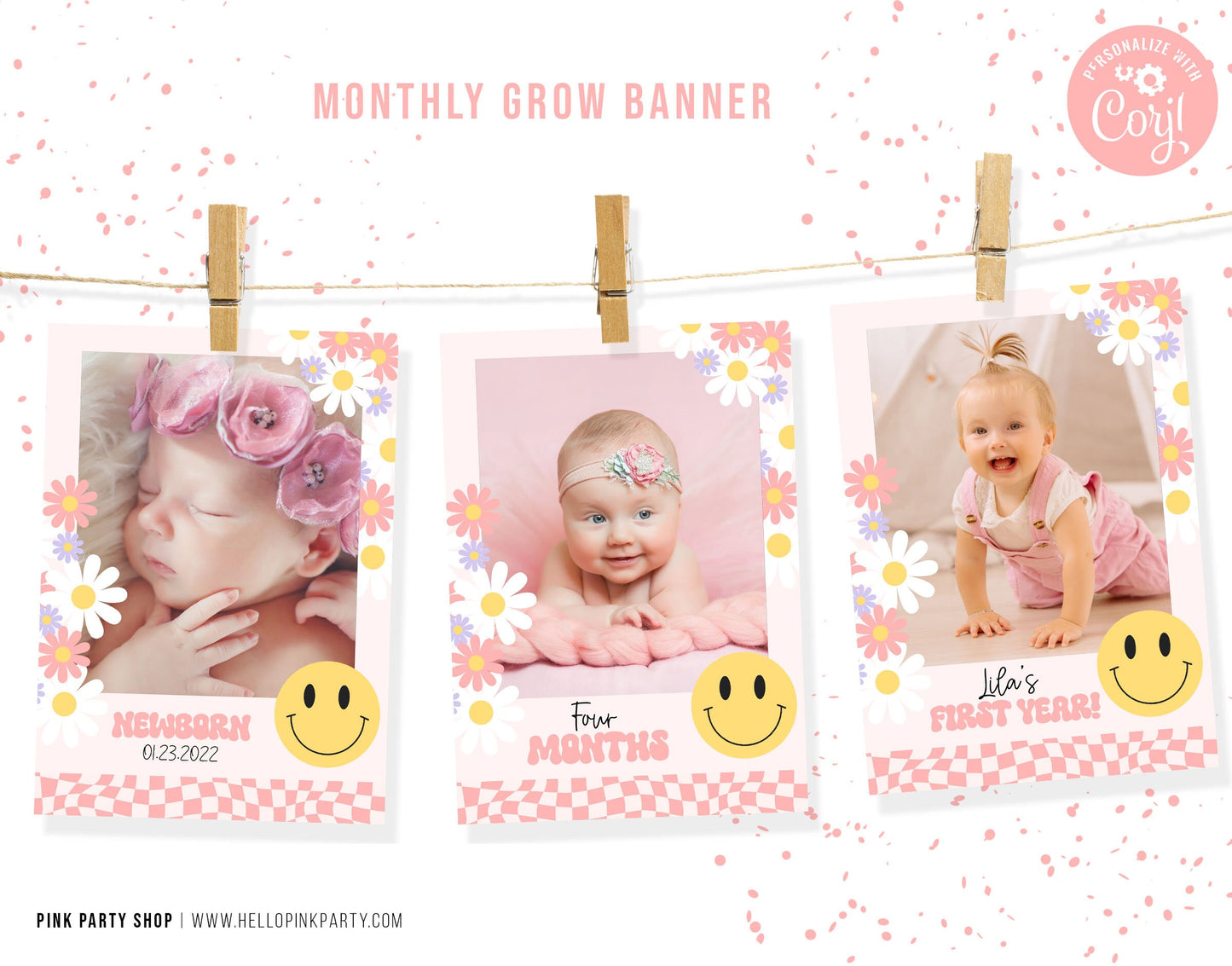 Editable ONE HAPPY BABE Happy Birthday garland banner Sign