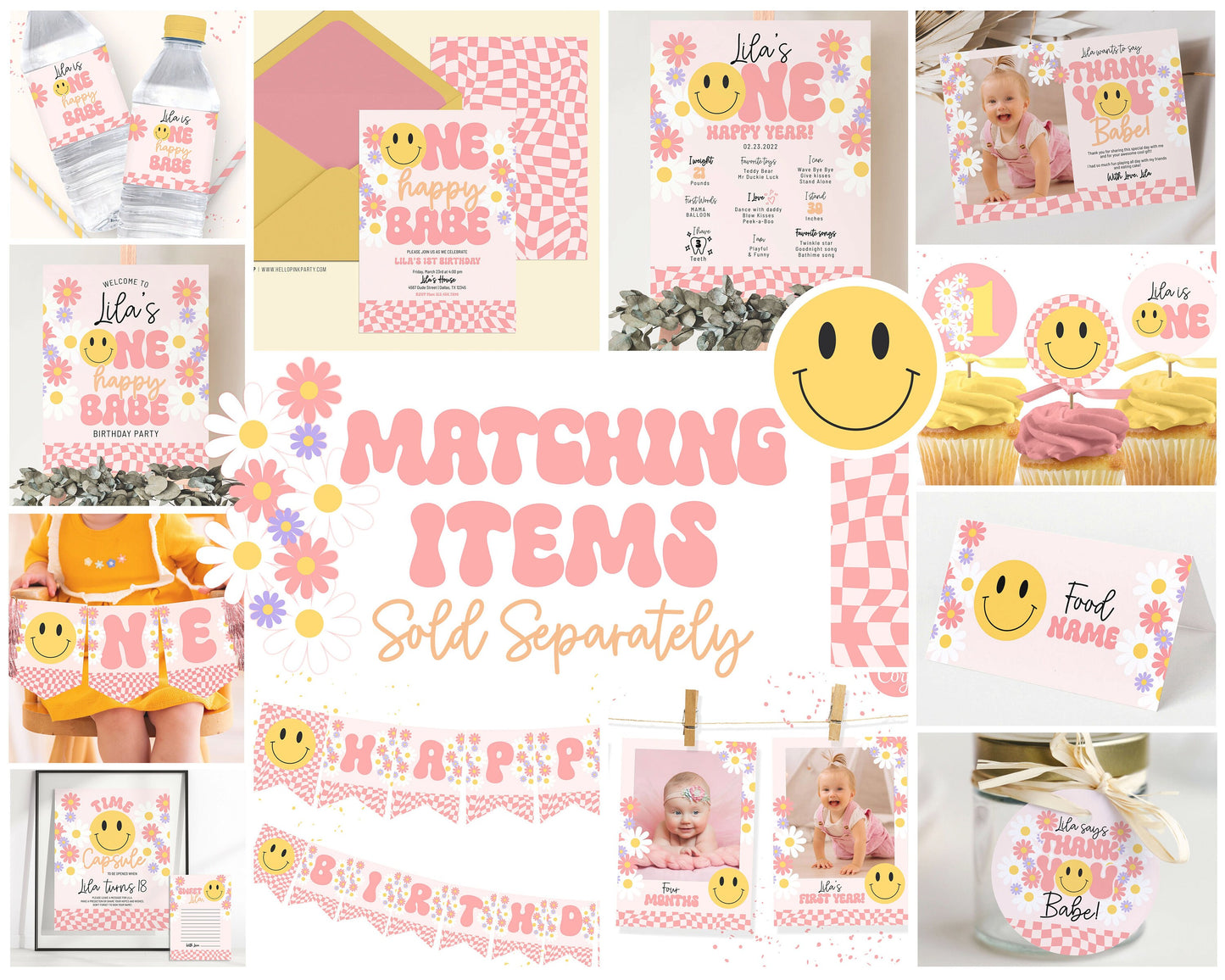 Editable ONE HAPPY BABE Happy Birthday garland banner Sign